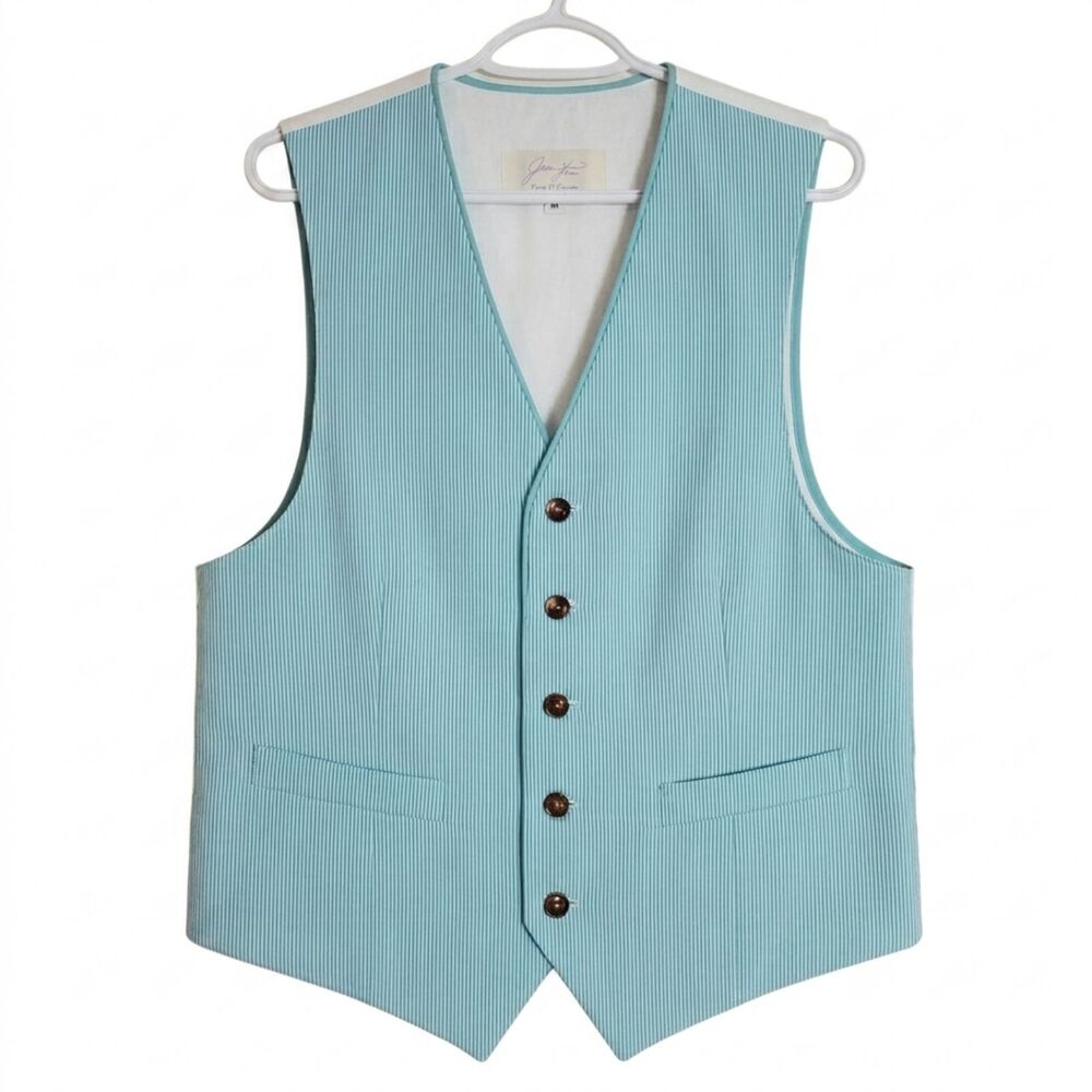 Jean Yves Paris Formal Dress Vest White Aqua Green Striped Made USA Men's M